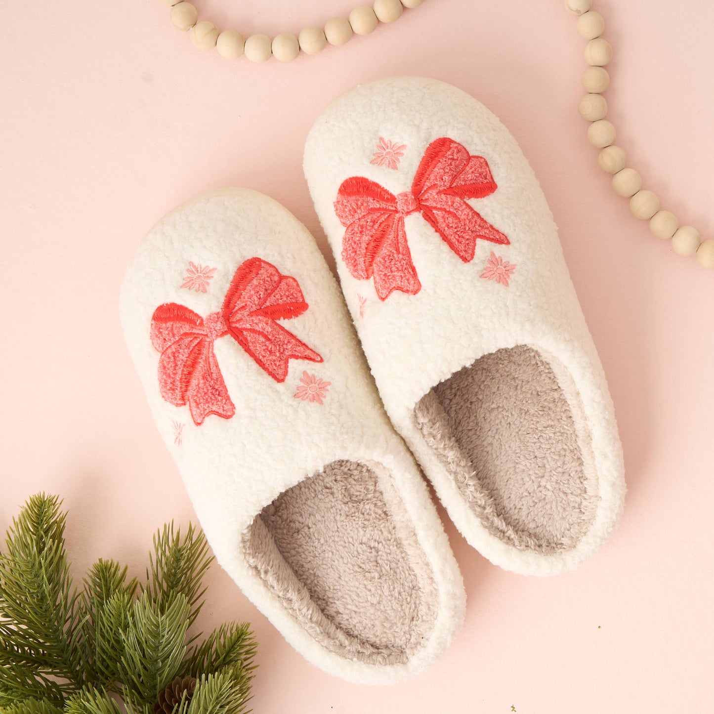 Fuzzy Bow Holiday Slippers