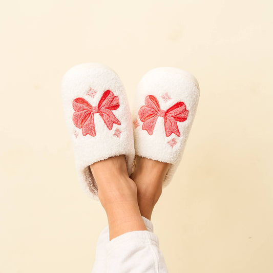 Fuzzy Bow Holiday Slippers